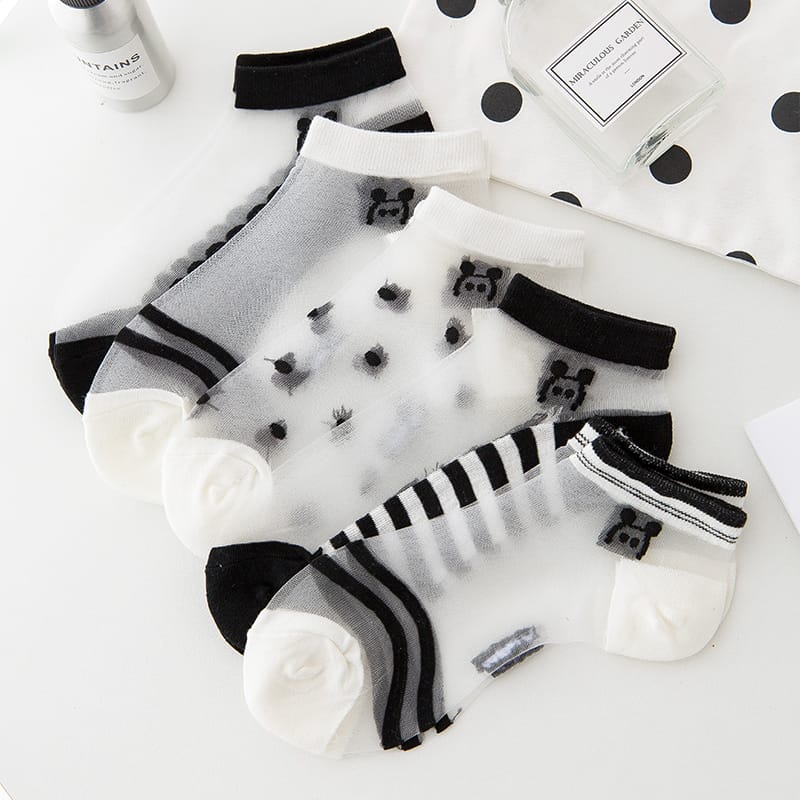 5 Pairs Chiffon BLACK Panda Design Ankle Cotton Socks