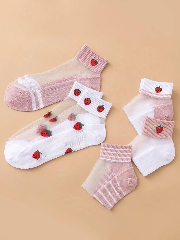 5 Pairs Strawberry with Chiffon Touch Design Ankle Cotton Socks