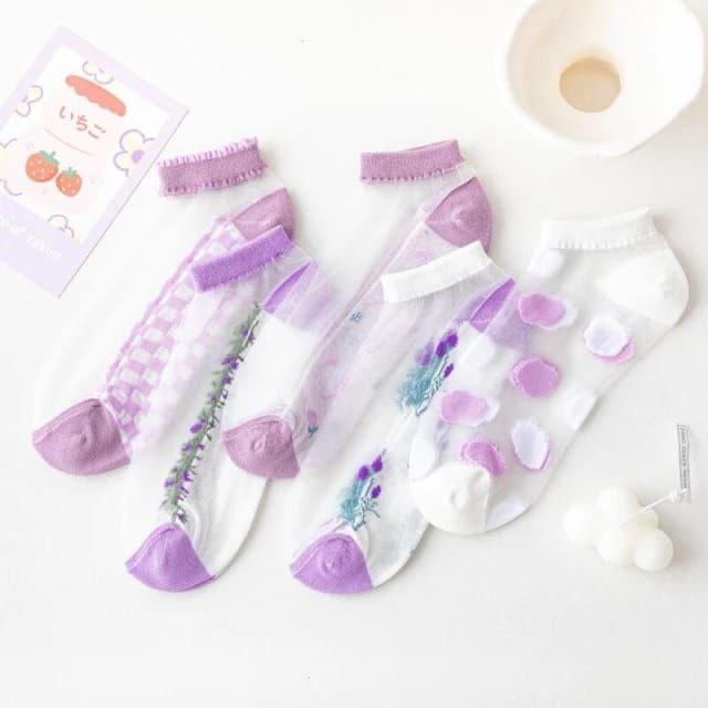 5 Pairs Chiffon Lavender Design Ankle Cotton Socks