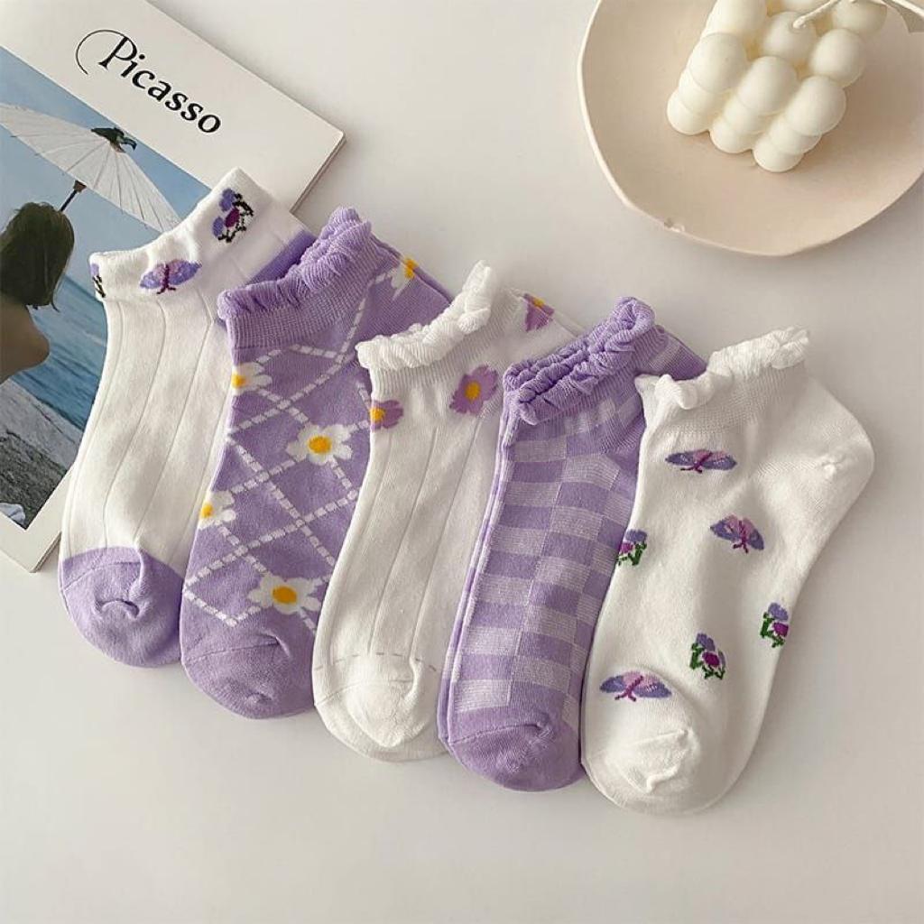 5 Pairs  Flowers Design Ankle Cotton Socks