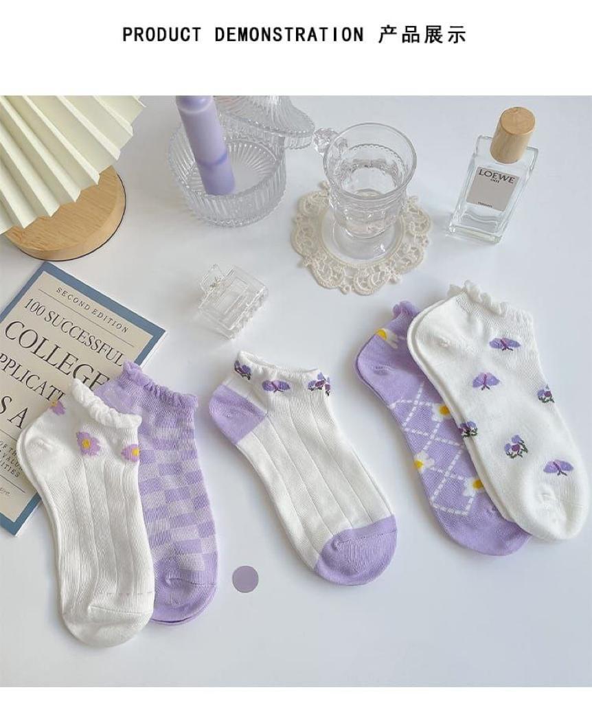 5 Pairs  Flowers Design Ankle Cotton Socks