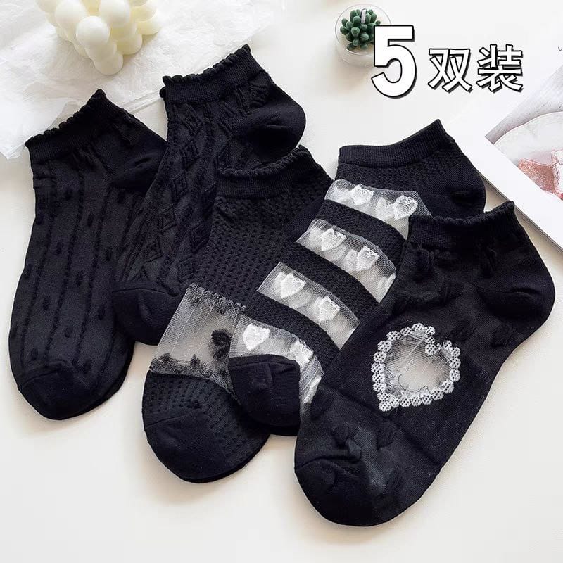 5 Pairs of Hearts Clear Chiffon Ankle Socks