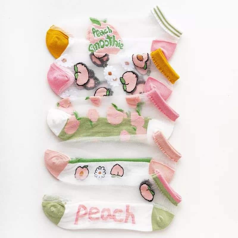 5 Packs of Cotton SocksSheer Chiffon Ankle Peach Design