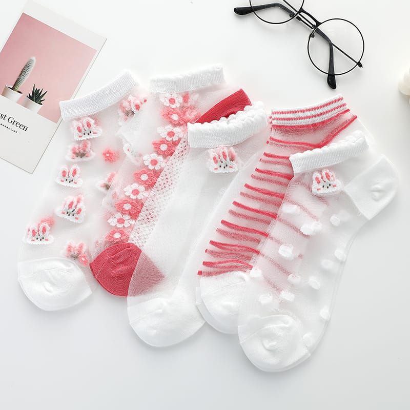 5 Pairs Chiffon Light Red Design Ankle Cotton Socks