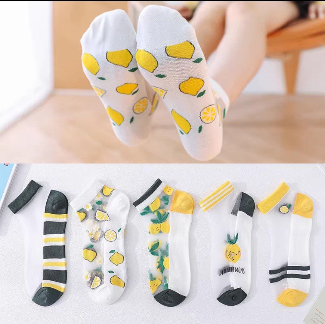 5 Pairs Chiffon Lemon Design Ankle Cotton Socks